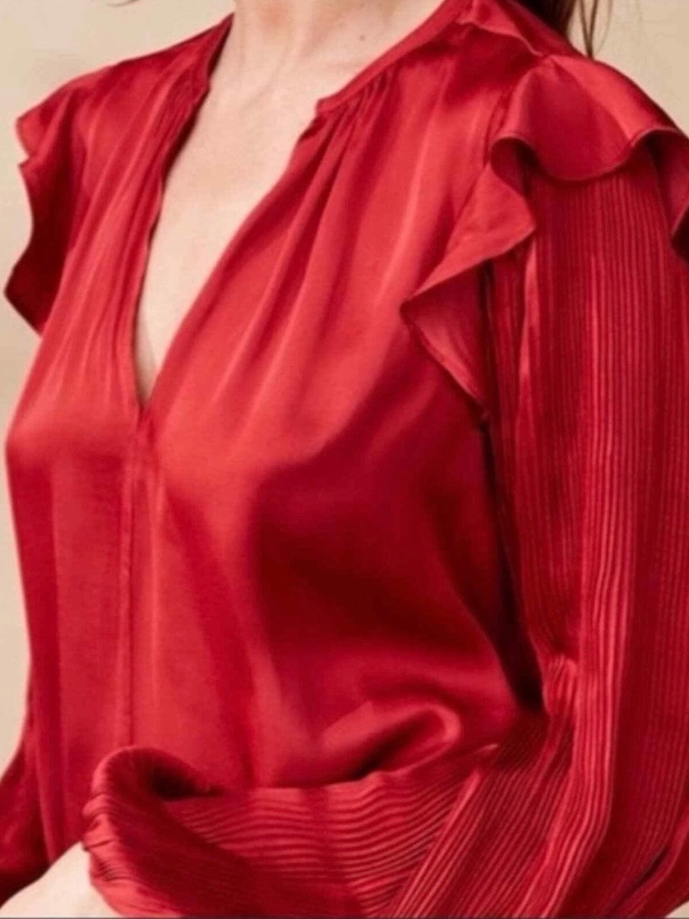 Anthropologie Dolan Left Coast Red Satin-SZ M-Pleated Balloon Sleeve Blouse - Picture 2 of 12